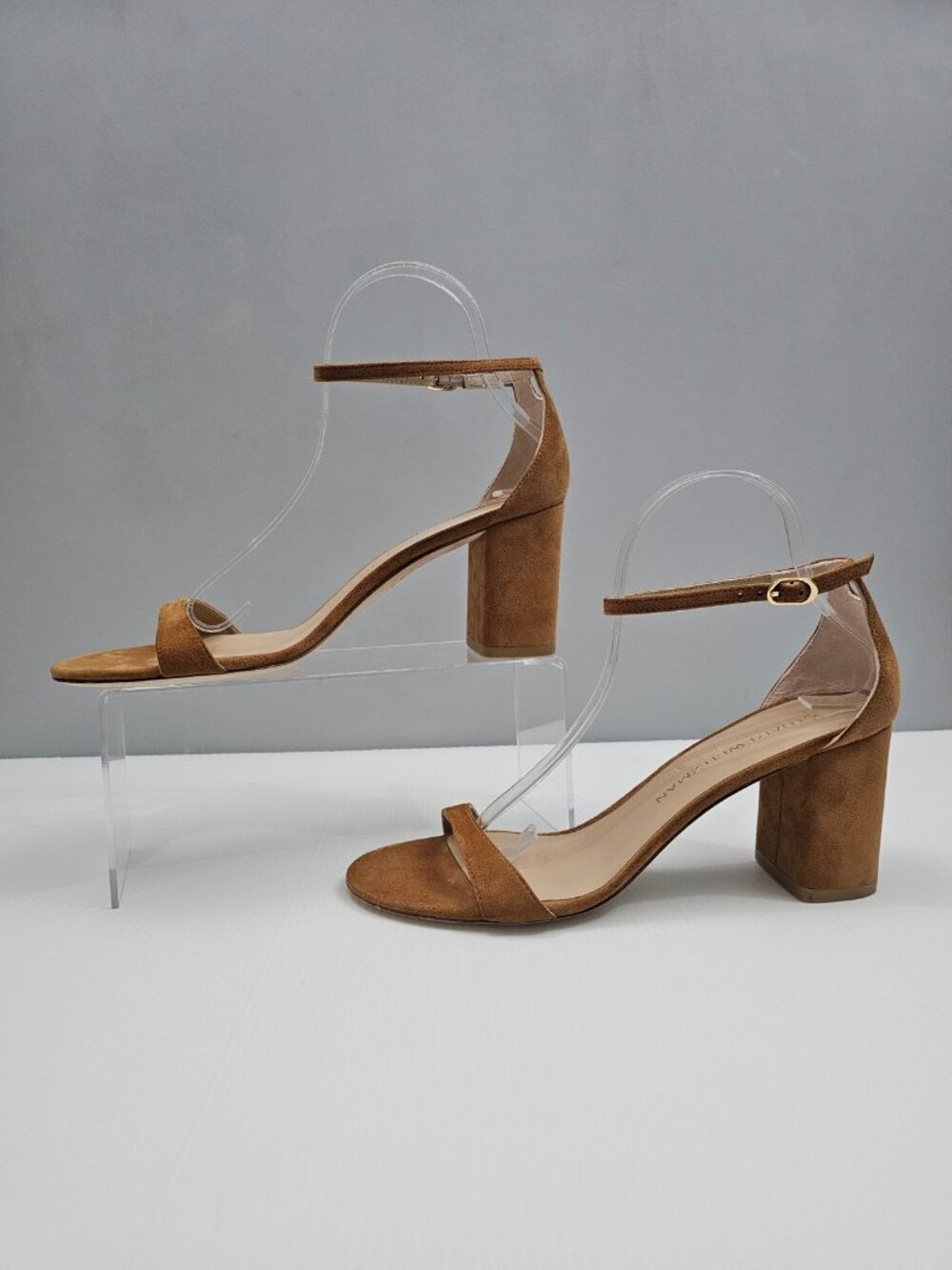 Stuart Weitzman Nudist Block 75 Sandal Womens 9.5 Caramel Brown Suede Block Heel - Picture 2 of 14